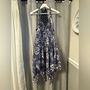 Guess Blue and White Floral Halter Handkerchief Dress